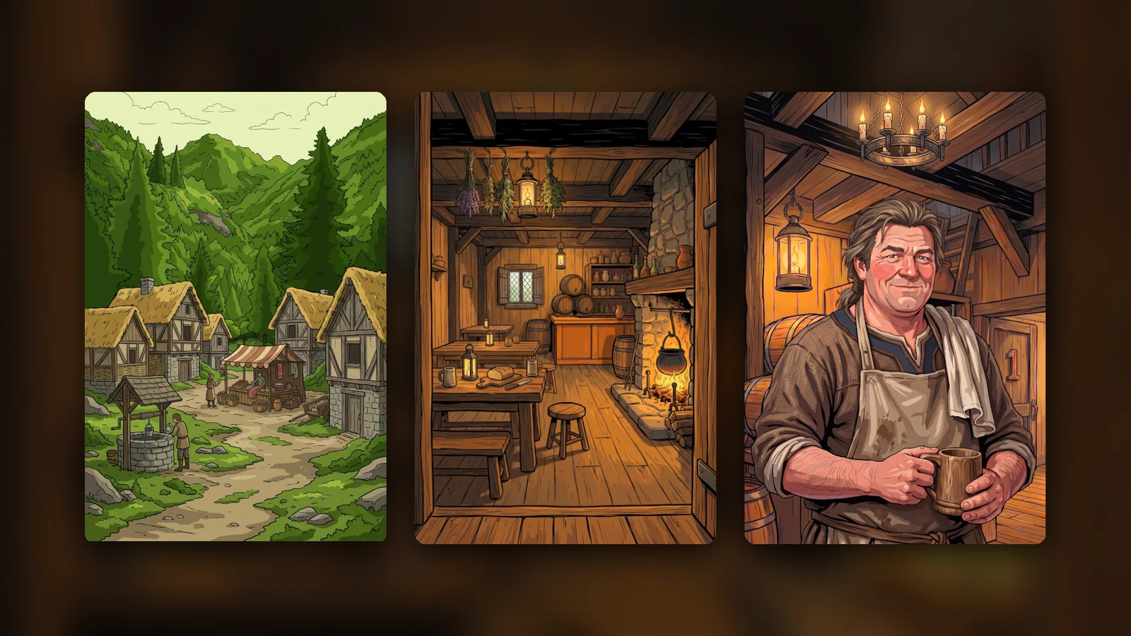 Mod card art: a village across the river, its inn and the innkeeper